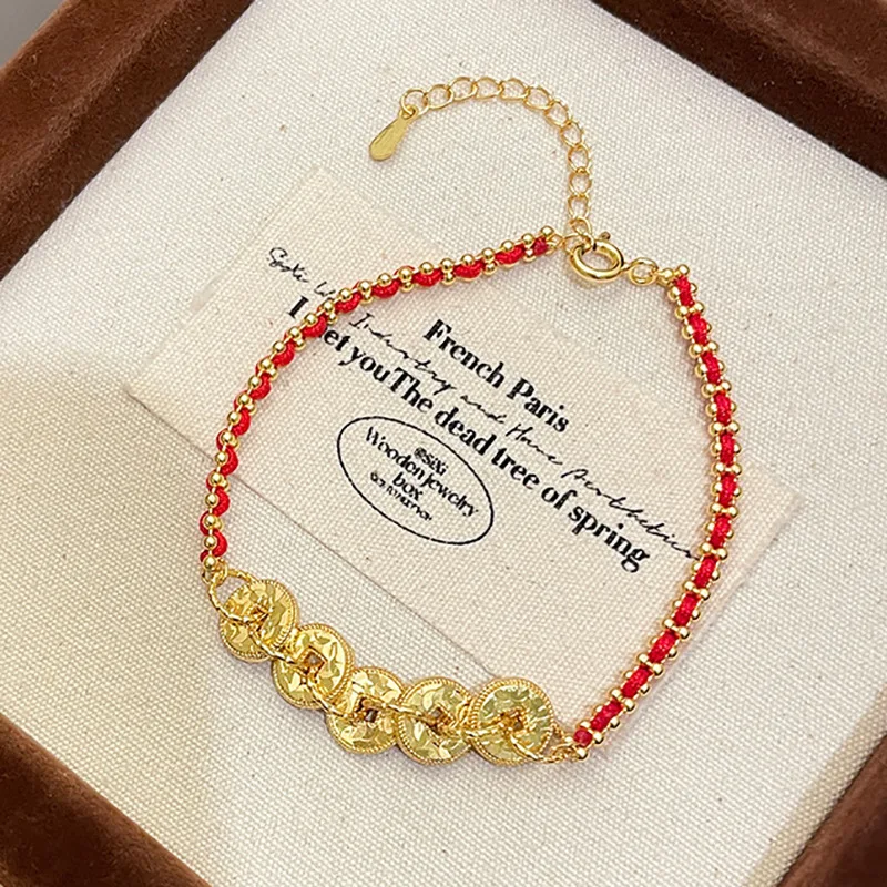 9999 Gold New Traditional Chinese Ice Cube Set with Five Gods Coins, Red String Hand Chain, Ultra-Shiny