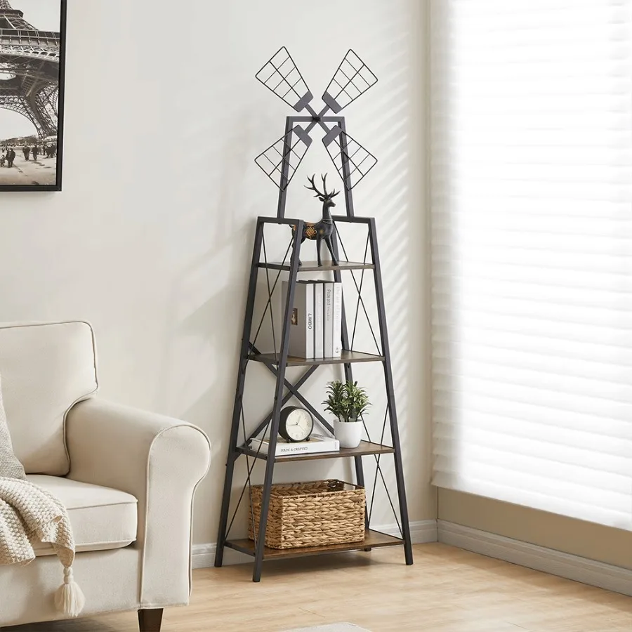 

4Tier Bookshelf Display Storage Shelves With Metal Frame Bookcase Organizer With Windmill For Living Room Home Office