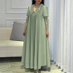 Ethnic Sequins V Neck Muslim Women Dresses New Spring Pure Loose Party Long Dress Robe Vintage Femme Lantern Sleeve Autumn Dress