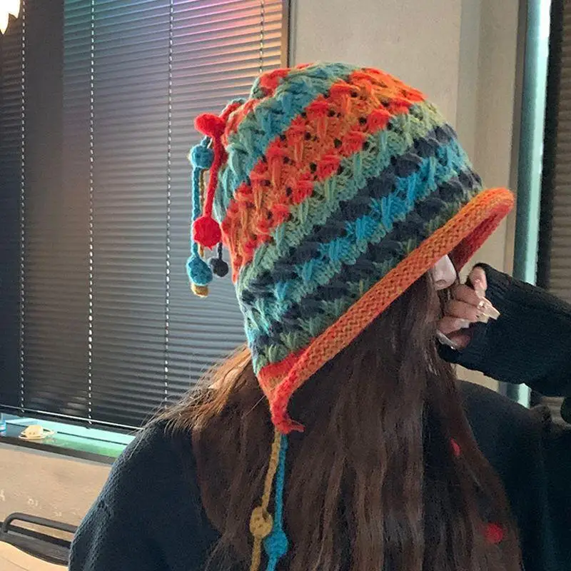 Winter Red Hat Women's Girl Autumn And Winter Warm Tassel Sweet And Cute Pullover Hat Handmade Knitted Ear Protection Hat