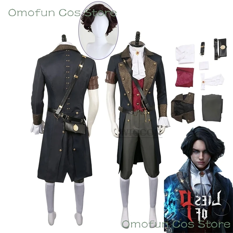 Game Lies Of P cos Fantasia Costume Male Disguise Adult Men Uniform Jacket Pants Role Play Outfit Halloween Carnival Suit wig