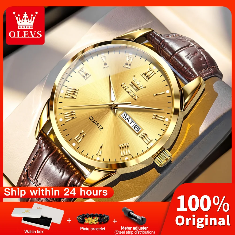 

OLEVS 5892 Men Women Quartz Movement Watch Night Light Function Leather Strap 30m Waterproof Calendar Window Display Watch