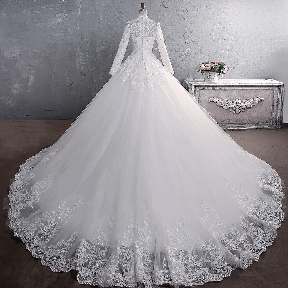 Spersonalizowana suknia balowa Kobiety Suknie ślubne Wysoka szyja Długie rękawy Aplikacje Suknie ślubne Formalne Vestido De Noiva robe de mariée