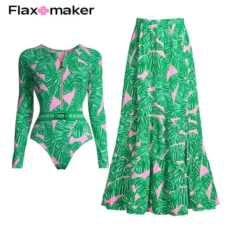 FLAXMAKER Shell Print Decor Long Sleeve One Piece Swimsuit and Skirt  Clearance Wholesale Bodysuit Surfing wear