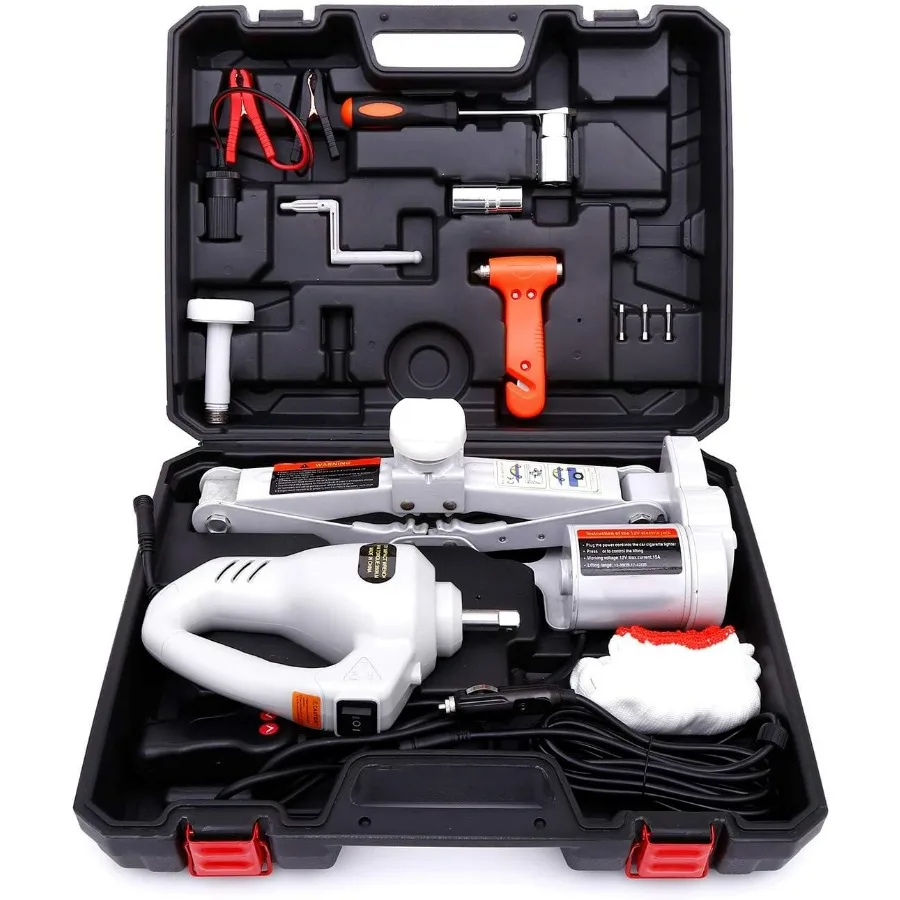 

12V Electric Car Jack Kit with 3 Ton Scissor Lift and Floor Jack Stands for Tire Change and Road Emergency Situations Includes