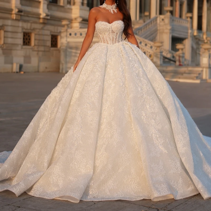 

Luxury White Dubai Arabic Mermaid Wedding Dresses A-Line Applique Lace Beading Crystal Court Train Wedding Dress Bridal Gowns