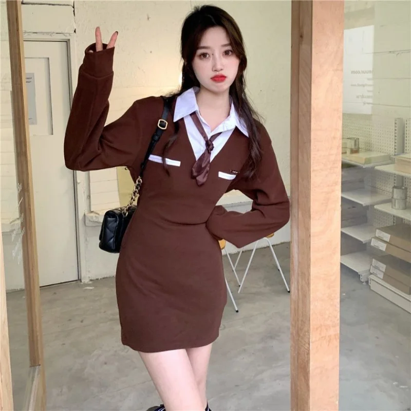 Women Korean Fashion Preppy Style Patchwork Fake Two-piece Shirt Dress Y2K Sexy Sweet Female Long Sleeve Bodycon Club Mini Dress