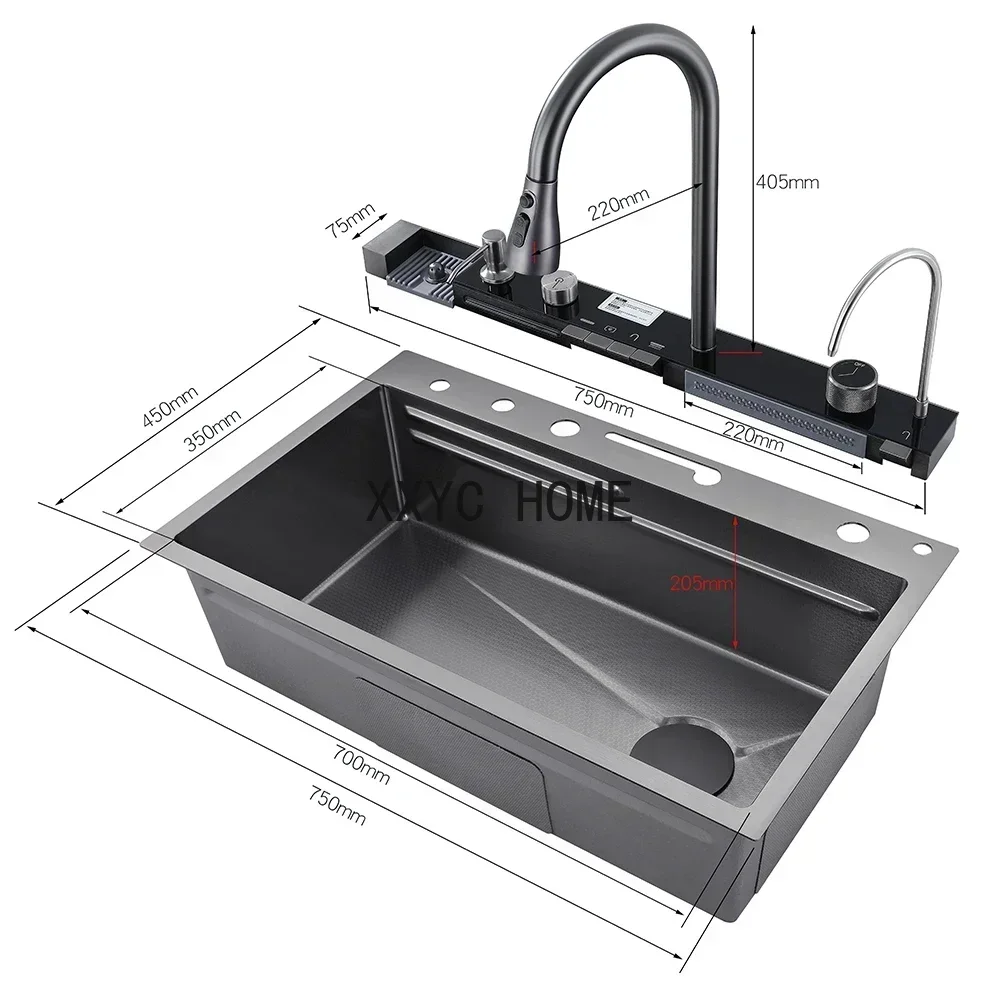 

304 Stainless Steel Waterfall Kitchen Sink Large Single Slot Integrated Digital Display Faucet Set Soap Dispenser Cup Washer