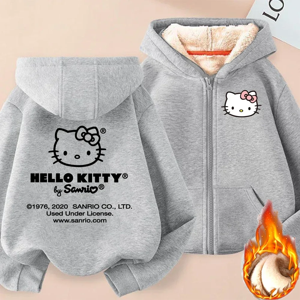 Hello Kitty Zipper Hoodie Sweatshirt Girl Winter Keep Warm Jacket Women Oversized Thick Kawaii Streetwear Casual Hoody Coat Tops