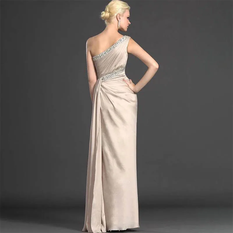 Stylish Champagne Mermaid Satin Mother of the Bride Dresses Beaded One Shoulder Floor-Length Groom Mother Dresses For Weddings