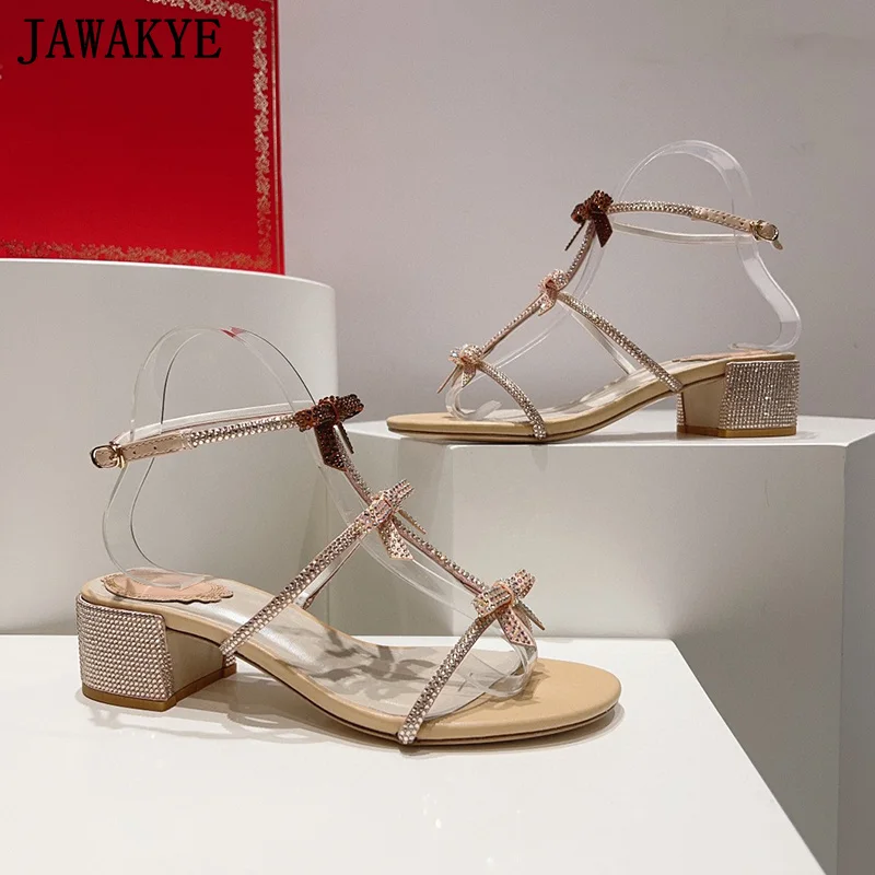 Open Toe Crystal Leather Sandals Women Pink Bow Knot Chunky Square Heel Mules Bride Shoes Summer Sexy Party Wedding Shoes Woman