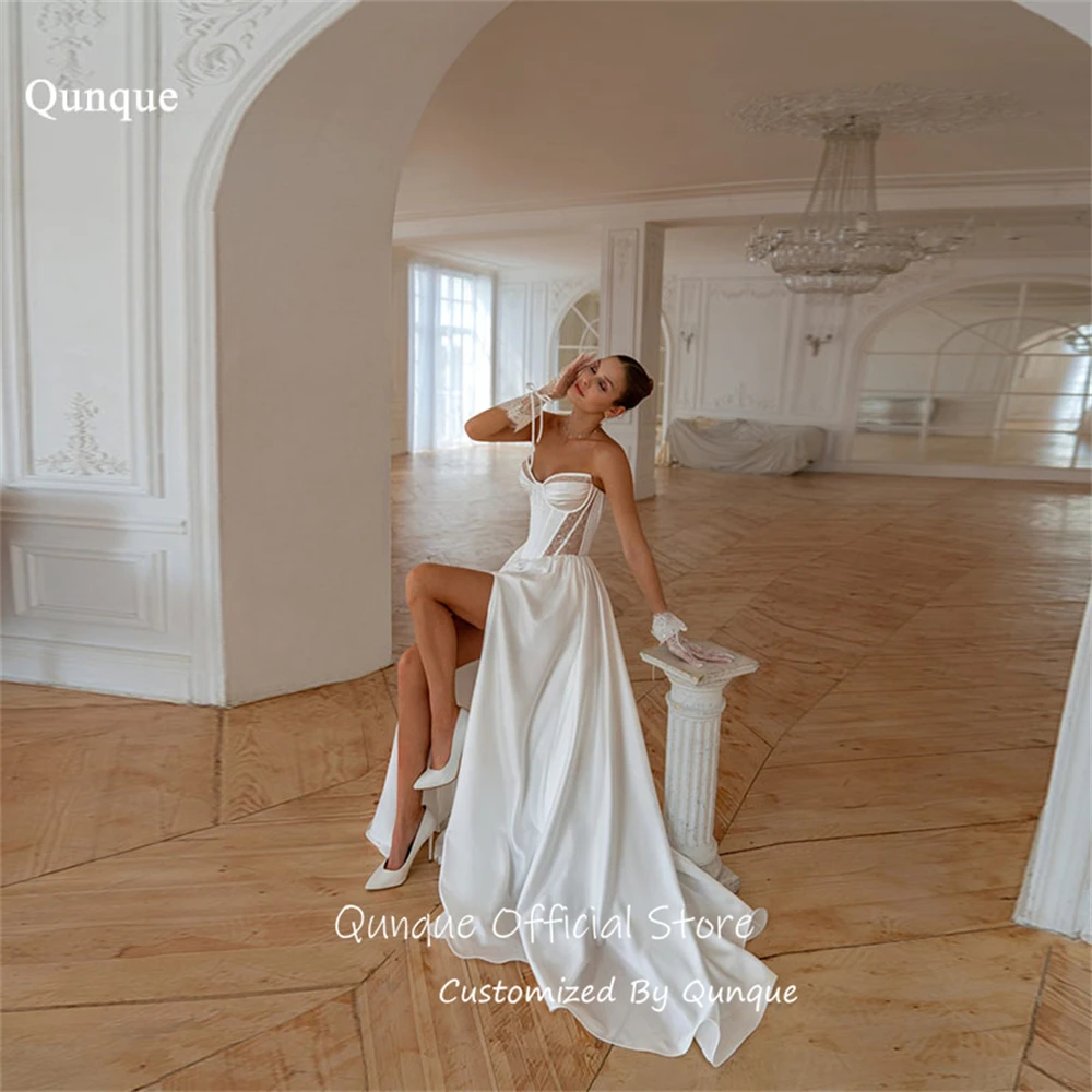 

Qunque A Line Backless Wedding Dress Sweetheart High Slit Evening Dress Pleated Beautiful Lace Vestido De Novia Boda Customized