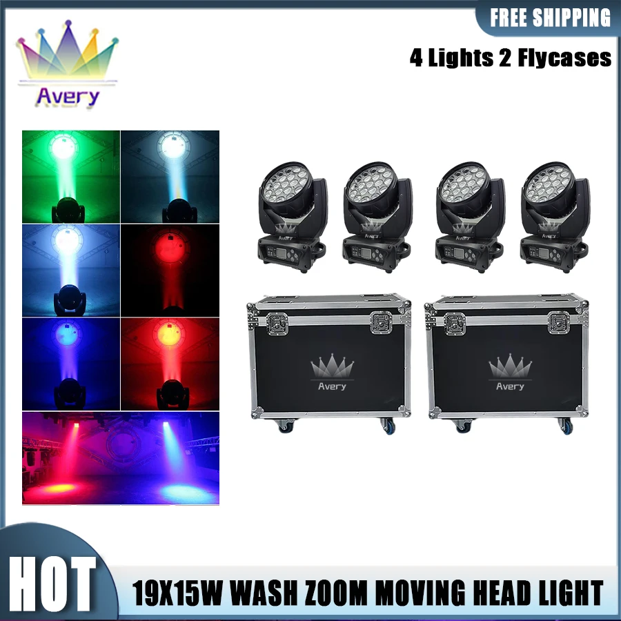 

0 Tax 4Pcs New LED 19x15W RGBW Beam+Wash Zoom Moving Head Light With 2 FlyCase DMX 16/20 CH DJ Disco Part Church TV Studio