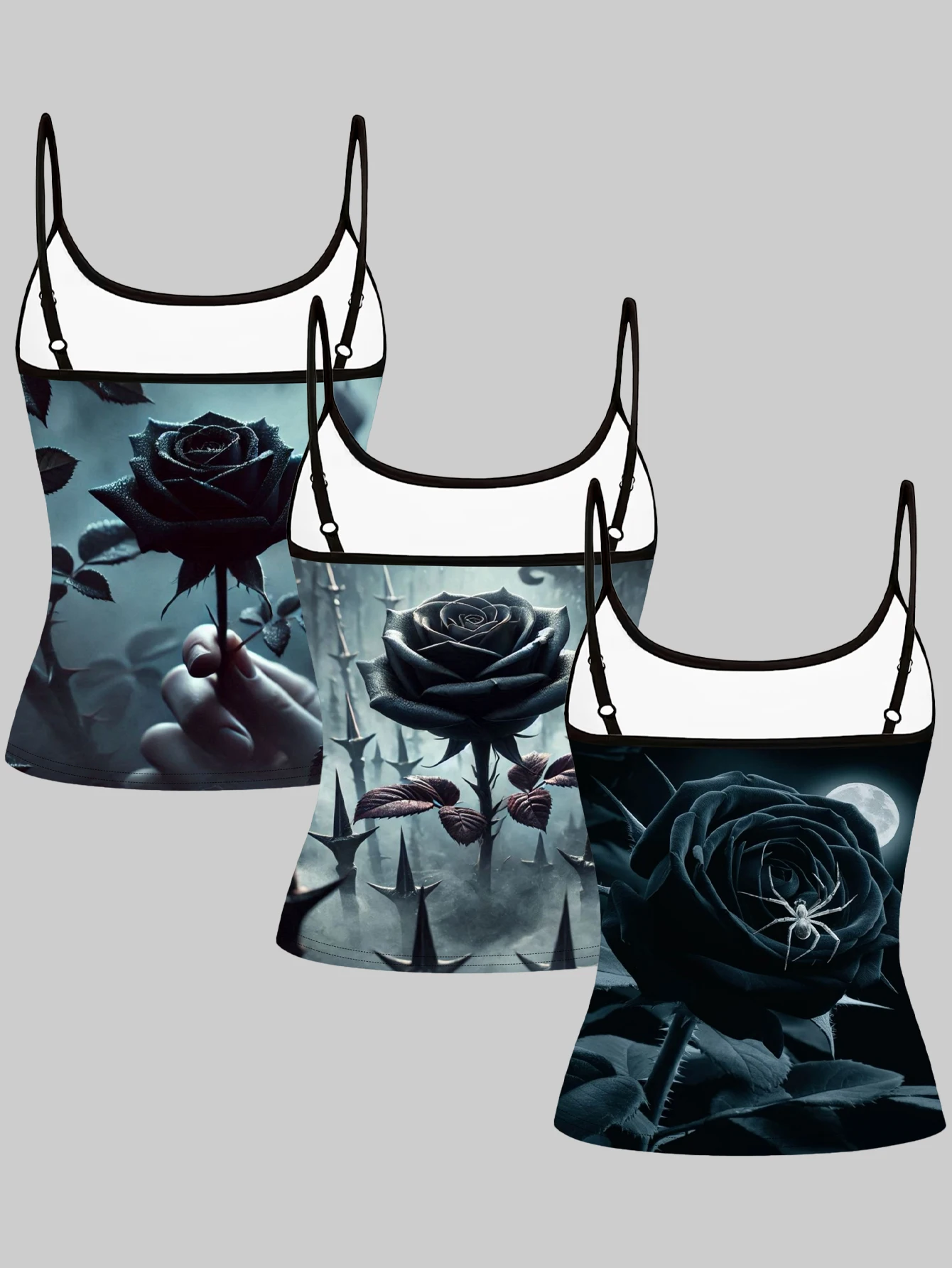 3-Pack Dark Rose 3D Printed Camisole Tops, Gothic Style Slim-Fit Tank Tops, Summer Plus-Size Casual Sleeveless Tops, Suitable for Both Inner and Outer Wear on Vacation