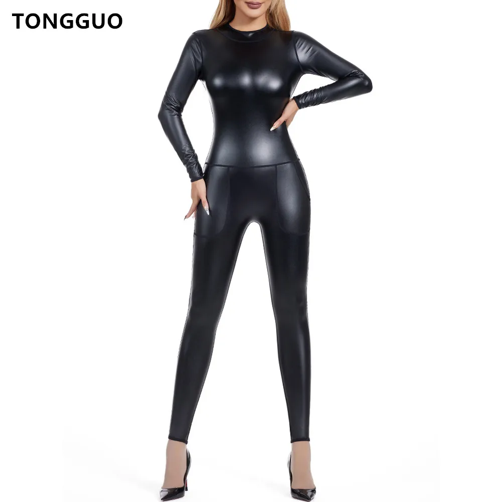 Women\'s Body Shaper Back Zip Stretch Leather Slim jumpsuit Party Club Women Sexy Jumpsuit Bodysuit Skinny Shapewear with Pockets