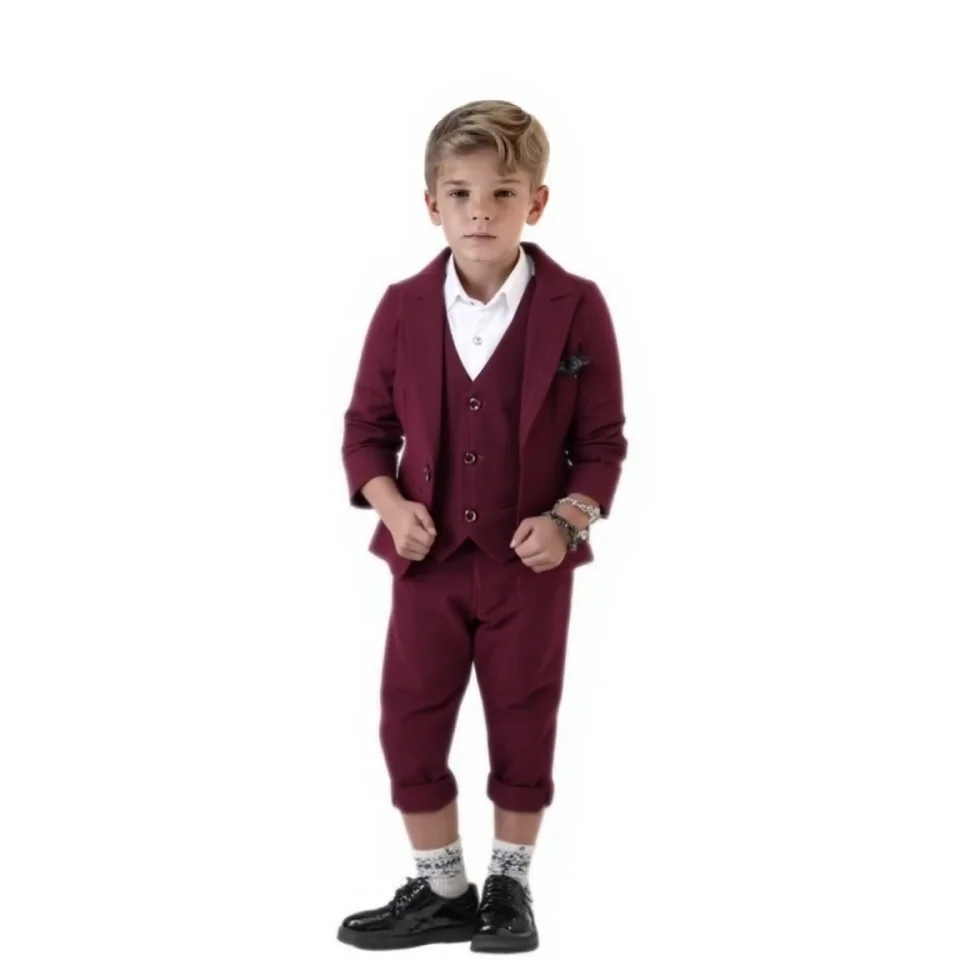 

Kids 4Pieces Red Plaid Suit Set With Jacket Vest Pants Bowtie Boys Formal Wedding Birthday Party Performance Costume