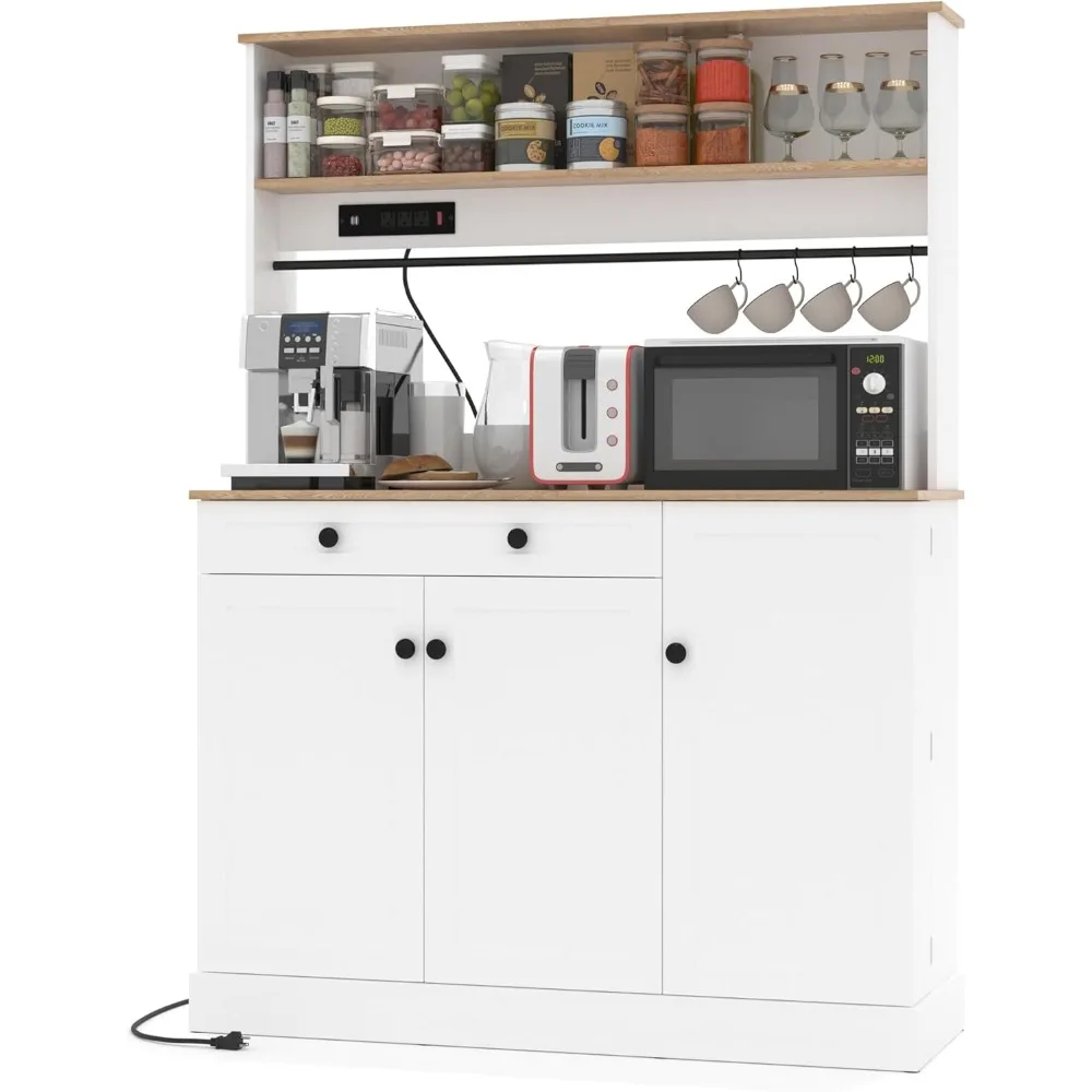 

"Standalone Kitchen Storage Cabinet with Electrical Outlets, Rustic-Style Food Pantry with Microwave Shelf, Freestanding Kitchen