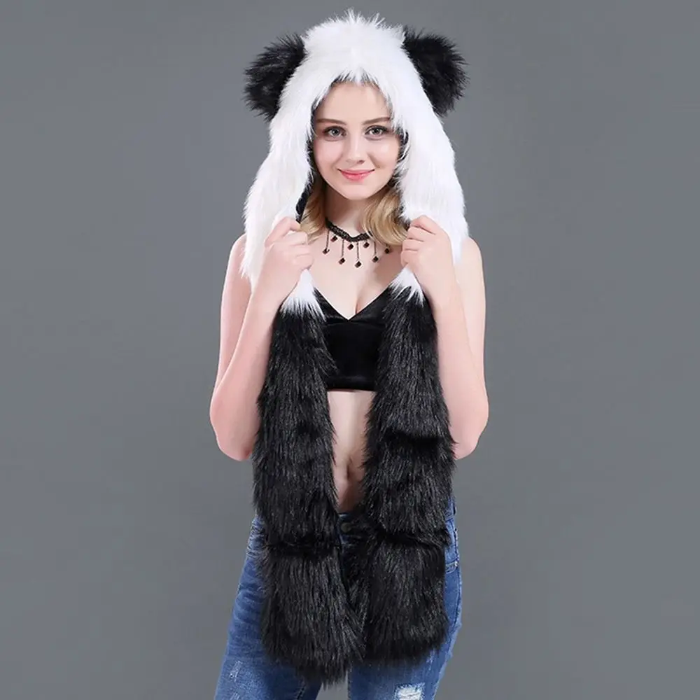 冬用暖かい耳当て付き帽子、アニマル柄3in1キャップ、スカーフと手袋付き、耳当て付きソフトプラッシュビーニー帽、男女兼用