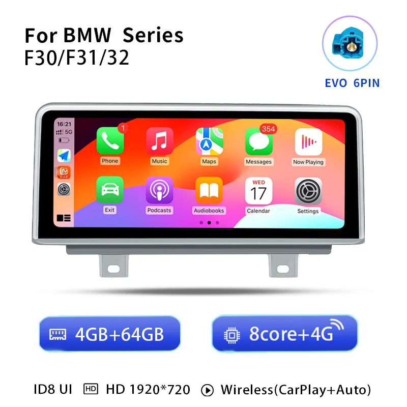 10,25" touchscreen, draadloze CarPlay, Android 14 autoradio voor BMW 1/2/3/4-serie F20/F21/F22/F30/F31/F33/F34/F36, NBT/EVO, stereo, multimediasysteem voor in de auto, scherm, GPS-navigatie.
