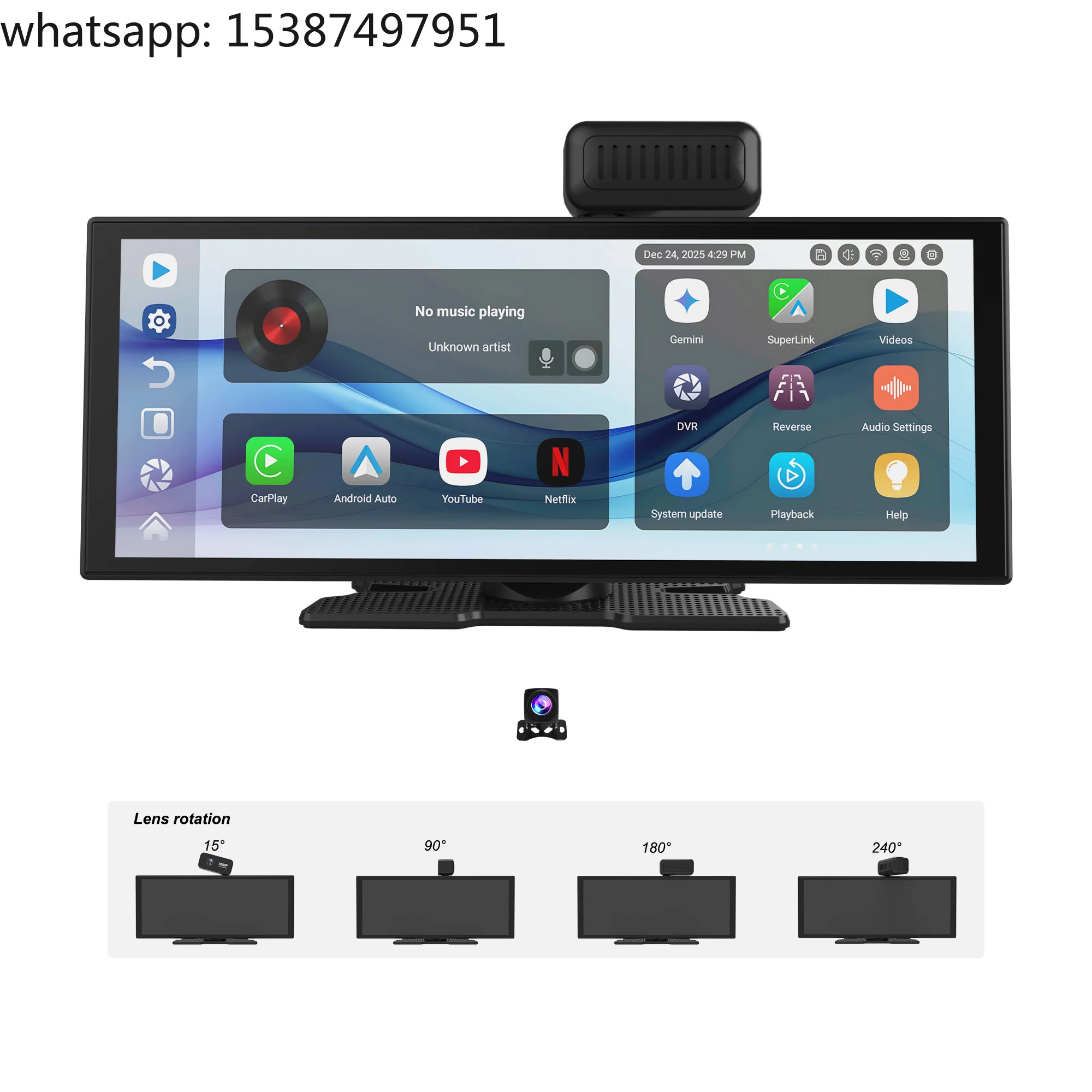 Android Auto Portable Wireless Carplay with Dash Cam 1080P DVR GPS FM Mirror Link Parking Monitor Rearview Built-in Rear Camera