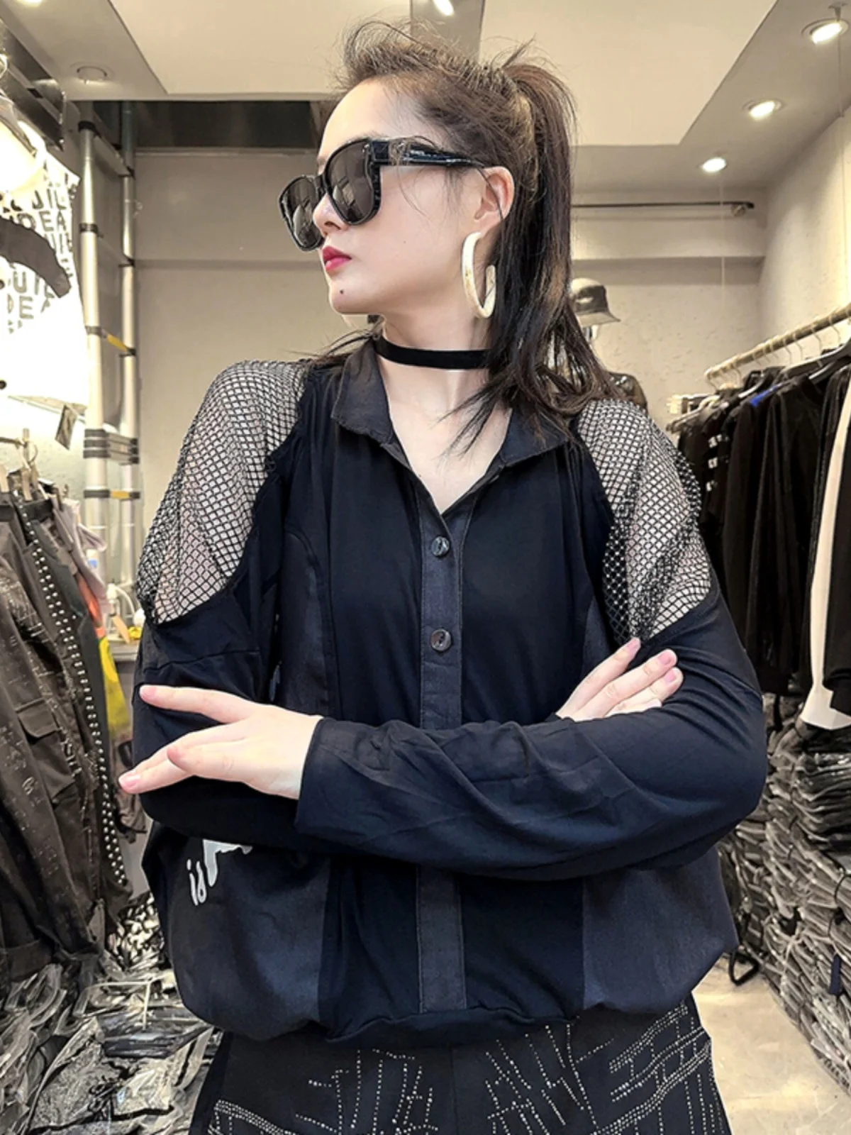 Personalized Heavy Industry Long Sleeve Black Shirt Women 2024 Spring Autumn Loose Top Trendy Splicing LX1401