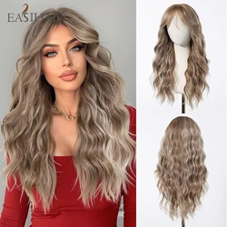 EASIHAIR Long Wavy Synthetic Wigs For Women Brown Blonde Highlight Wavy Wigs With Side Bangs Natural Wave Hair Daily Cosplay Wig