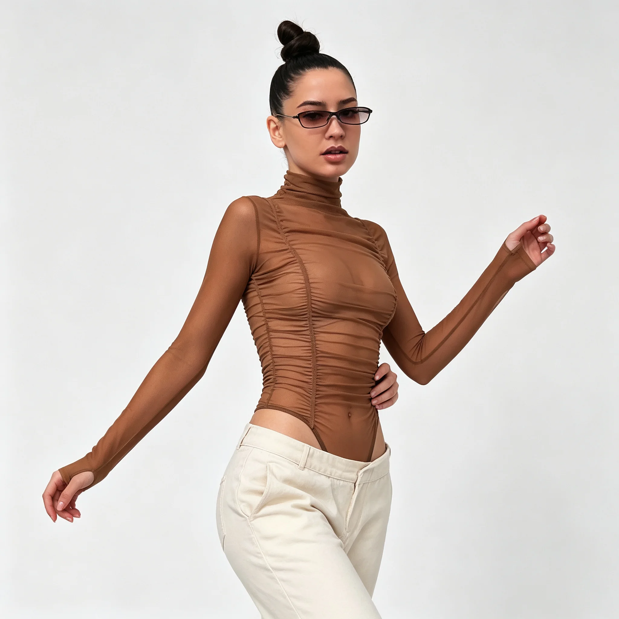 Bodysuits Gym Womens Fancy Simple Soft Buckles Tightable Long Short-Sleeved Bodycon Mock-Neck Suspenders Trendy Comfortable Sexy