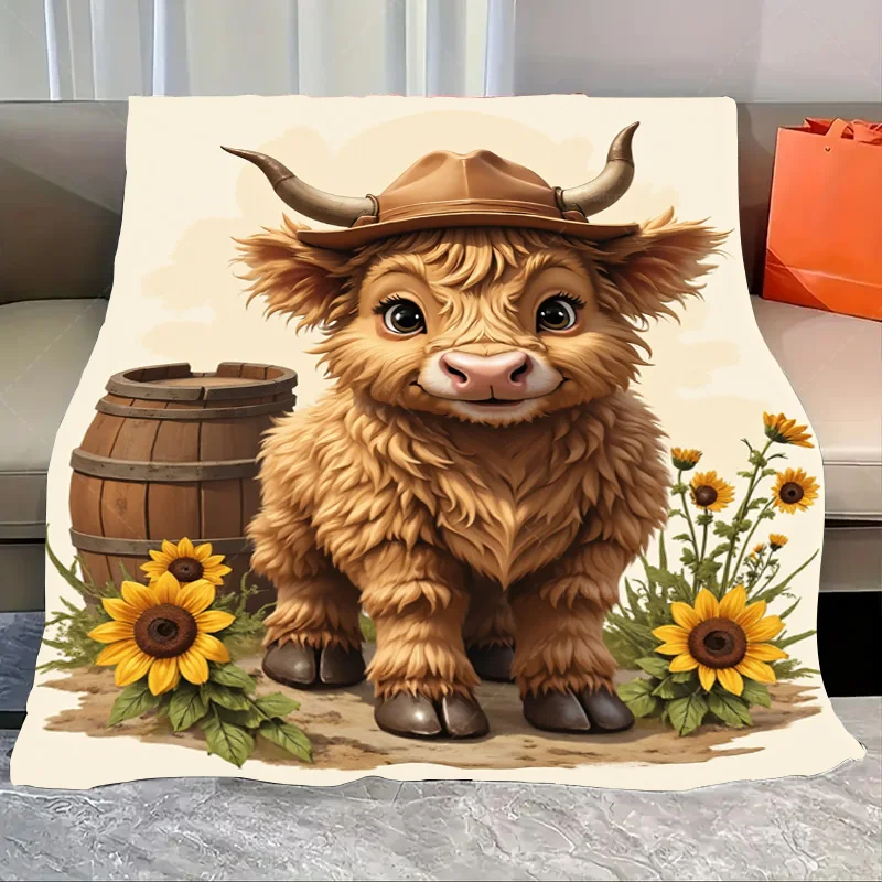 

1pc Flannel Blanket Cute Highland Cow with Sunflowers and Barrel Blanket - Rustic Farmhouse Style