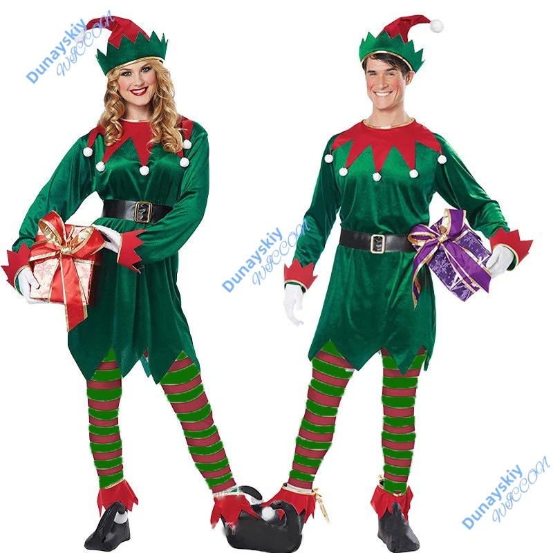 

Christmas Party Green Elf Cosplay Outfit Adult Women New Year Elves Performance Set with Elf Ears Hat
