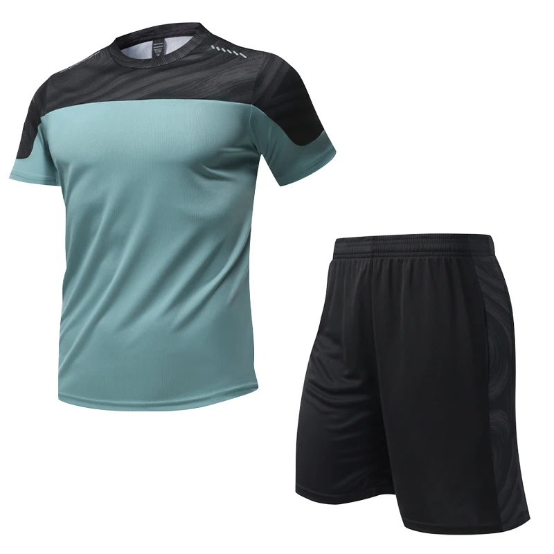 Men Running Tracksuit Summer Sport Jerseys Shorts Football Training 2 Pcs/Set Quick Dry Reflection Jogging Print Uniforms Suit