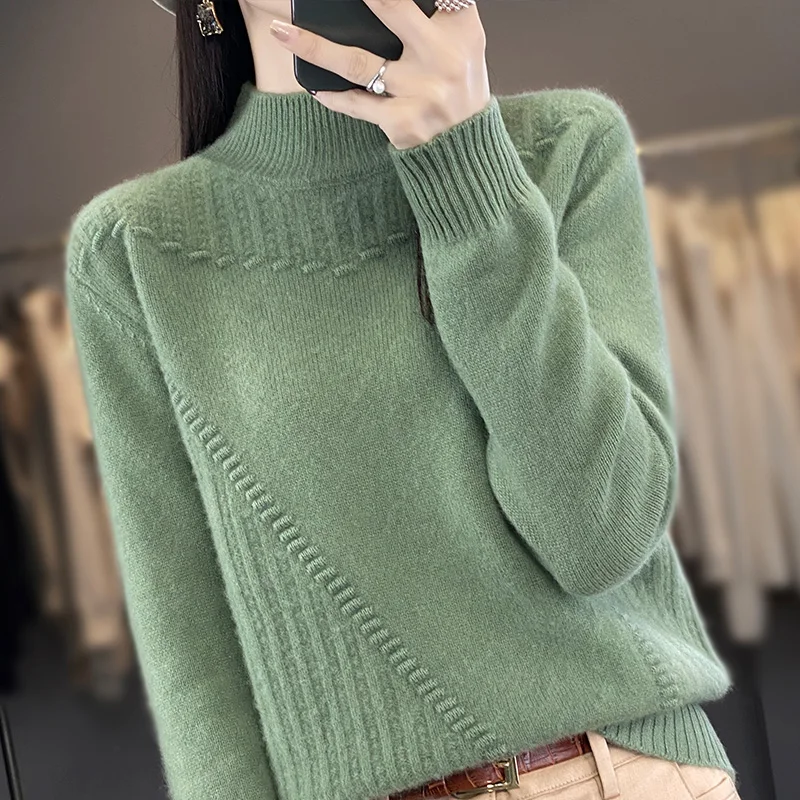 2023 Autumn and Winter New Cashmere Sweater Women Mock Neck Knitted Pullover Loose Heavy craftsmanship Cashmere Sweater Women