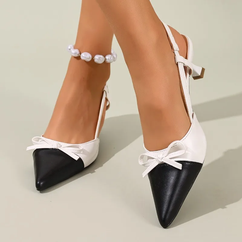 Nouvelles sandales sexy à bout pointu et blocs de couleur pour femmes 2026 – Talons hauts élégants avec nœud, parfaits pour l'été et les soirées
