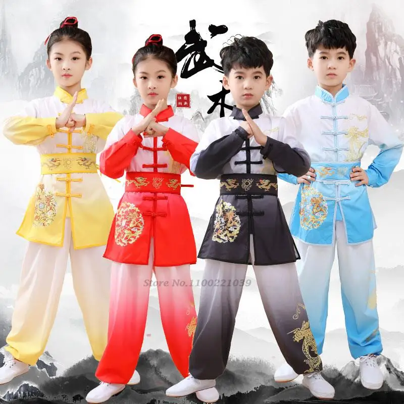 

2024 kids dragon kungfu traditional chinese wushu clothing tai chi uniform outfits stage performance hanfu top+pant+belt costume