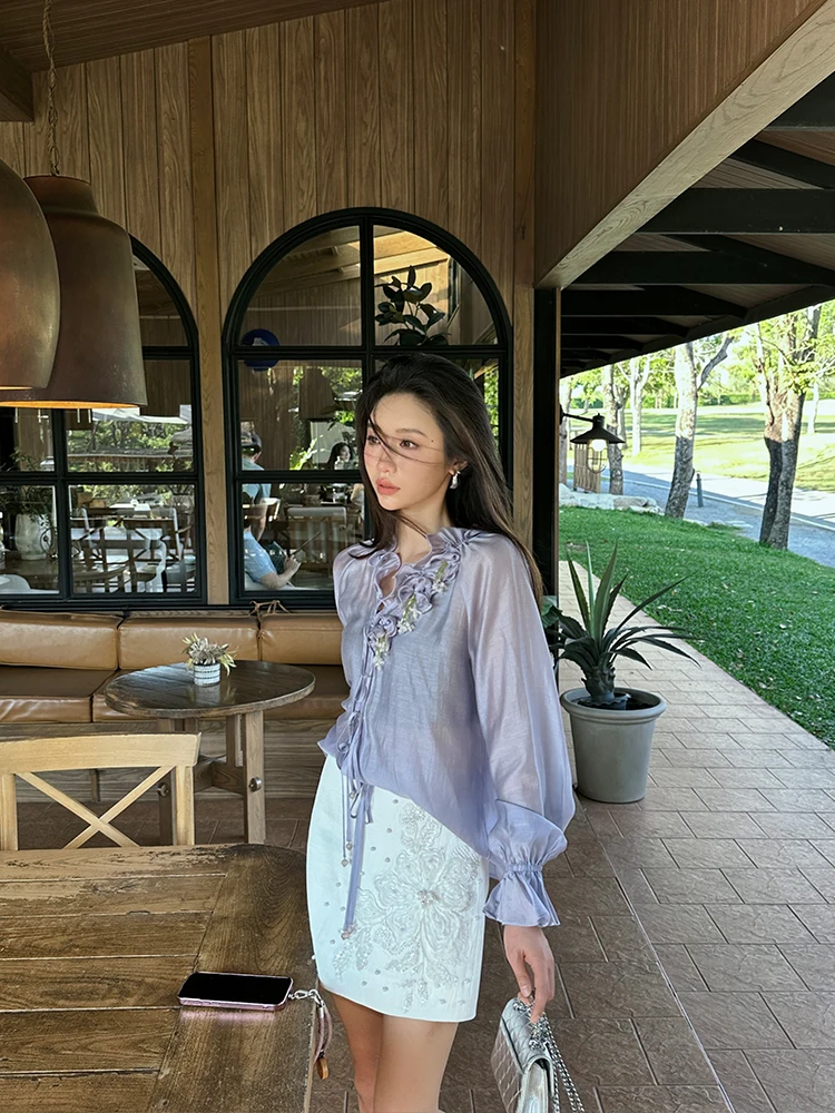 

Юбка А-силуэта ручной работы ZQ с 3D-вышивкой и бисером, летняя новинка в корейском стиле, стандартный крой, смесовая ткань из полиэстера