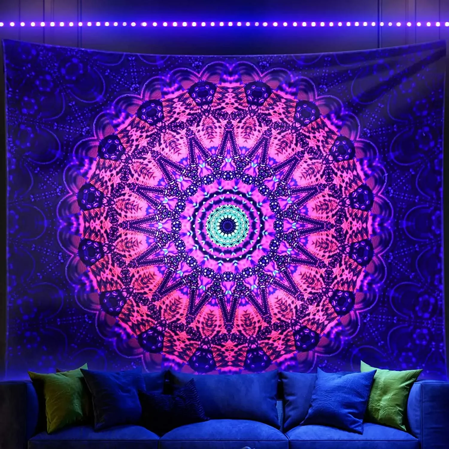 Blacklight  Mandala Tapestry Bohemian Hippie Room Decor Aesthetic UV Reactive Yoga Meditation Wall Hanging Tapestrie for Bedroom