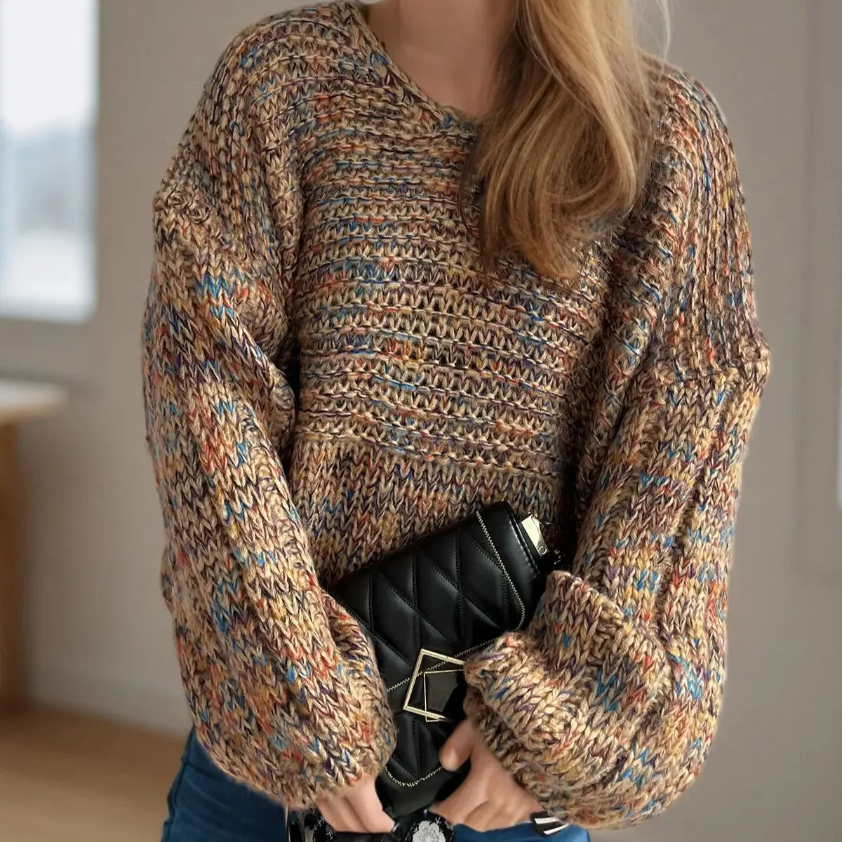 

Женский пуловер с круглым вырезом, свитер из смешанной пряжи, вязаный топ с лоскутным дизайном, осенне-зимний свитер с длинными рукавами, джемперы