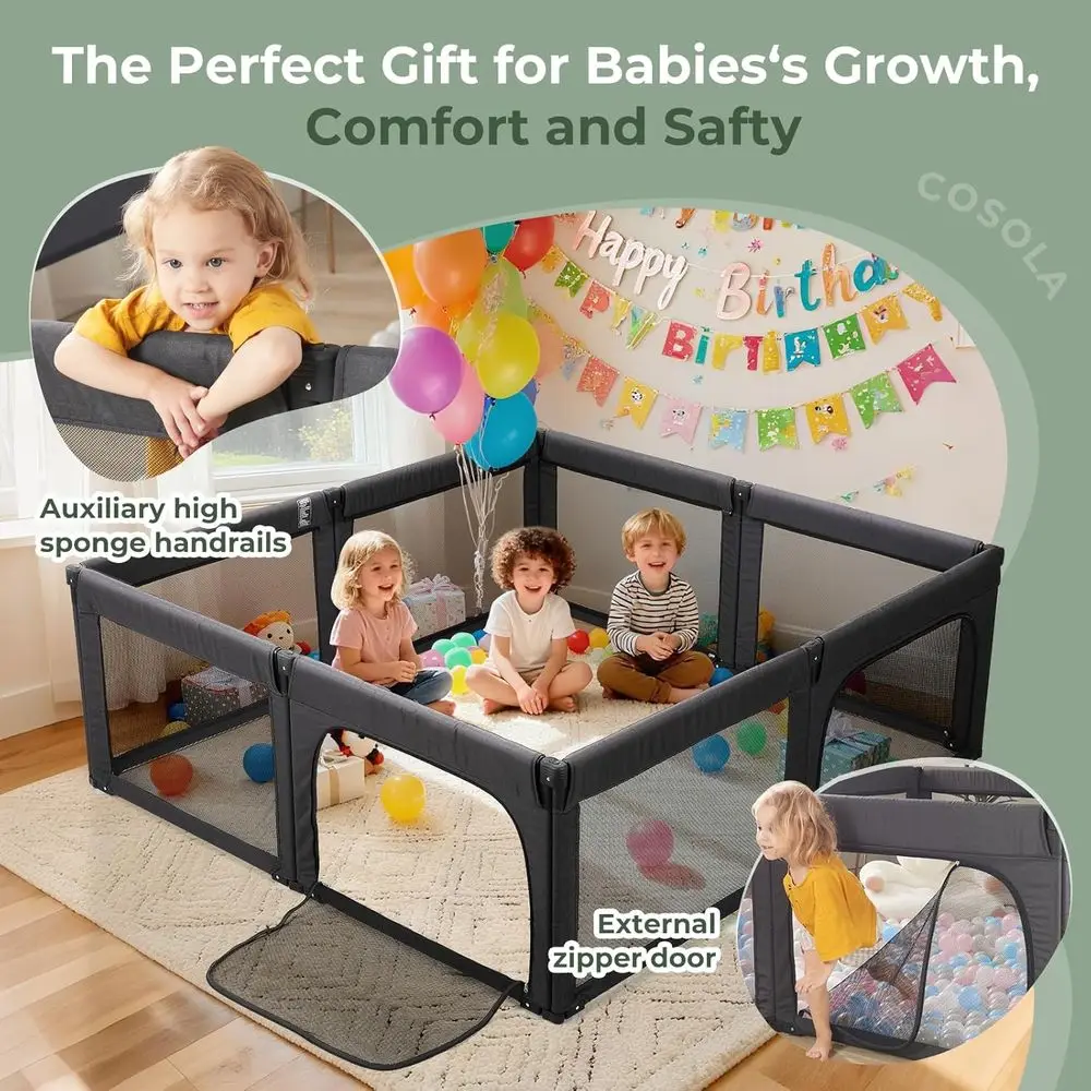 Adjustable Toddler Playpen, Large 79x71 Folding Safety Mesh Playard, Portable Baby Play Area Fence, Black