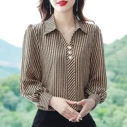 Women's Spring and Autumn 2024 New Pullover Turndown Collar Spliced Button Stripes Fashion Casual Chiffon Long Sleeved Shirt