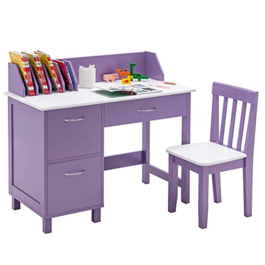 

Desk and Chair Set Wooden Learning Table with Drawer and Storage Cabinets for Ages 3-8 Purple Study Workstation for Bedroom and