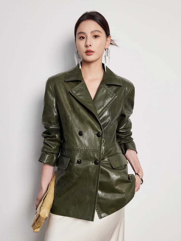 

Vintage Genuine Leather Blazer Jackets Women High-end Simple Double Breasted Slim Soft Oil Wax Real Goatskin Coat куртка кожаная