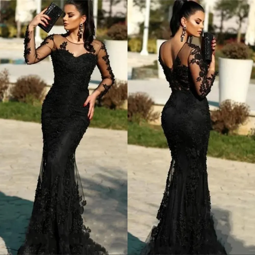 2024 Black Lace Mermaid Evening Gown Illusion Long Sleeve Sheer Neck Floor Length Flare Formal Occasion Dress Prom Party Dress