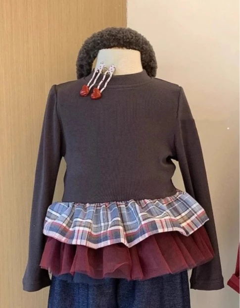 

Girls Top Spring and Autumn New Korean Edition Simple Western Style Checkered Splicing Fake Two Piece Long Sleeve Bottom Shirt