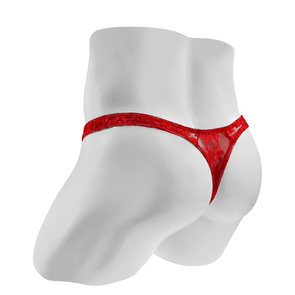 Sexy Low-Rise Mens Underwear Red Lace Thongs And G-String Mesh Transparent T-pants Underpants 1119