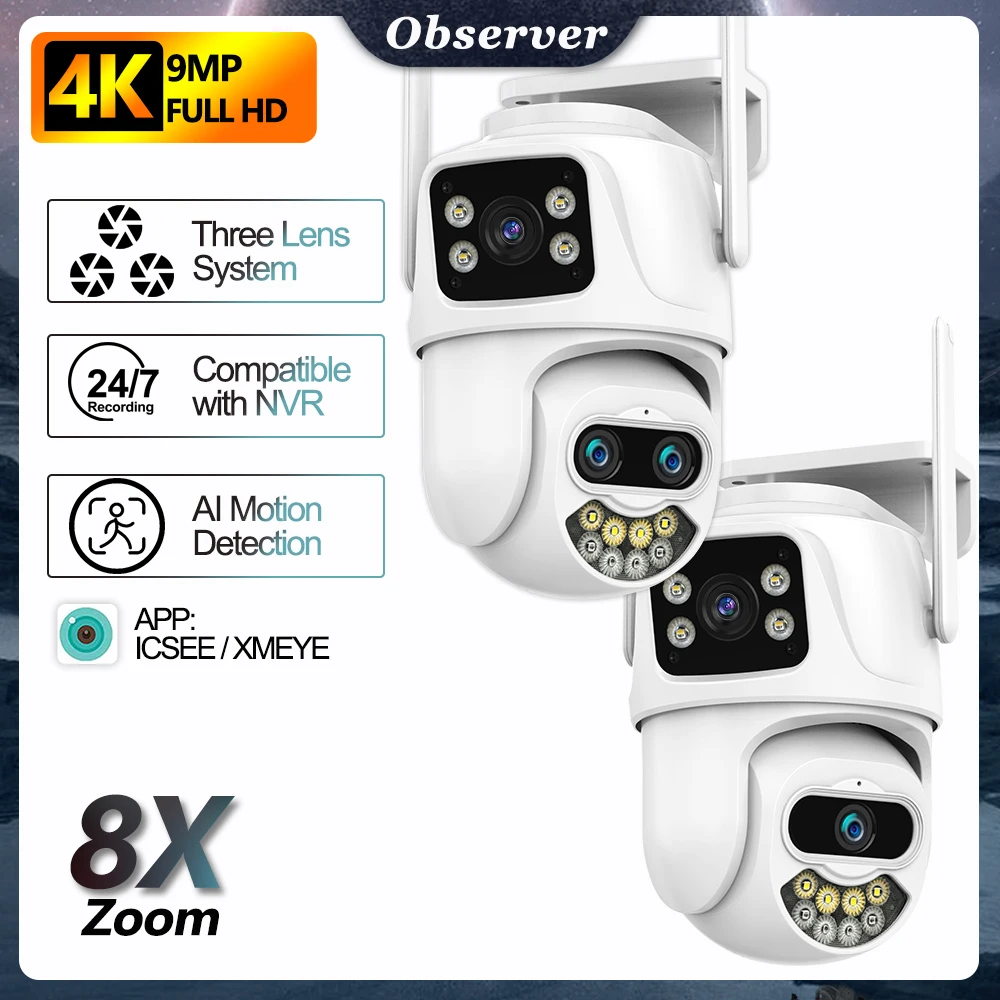 

9MP Wifi Camera Outdoor 6MP PTZ Dual-Lens Dual-Screen CCTV Ai Humanoid Detection Auto Tracking Onvif Surveillance Camera ICSee