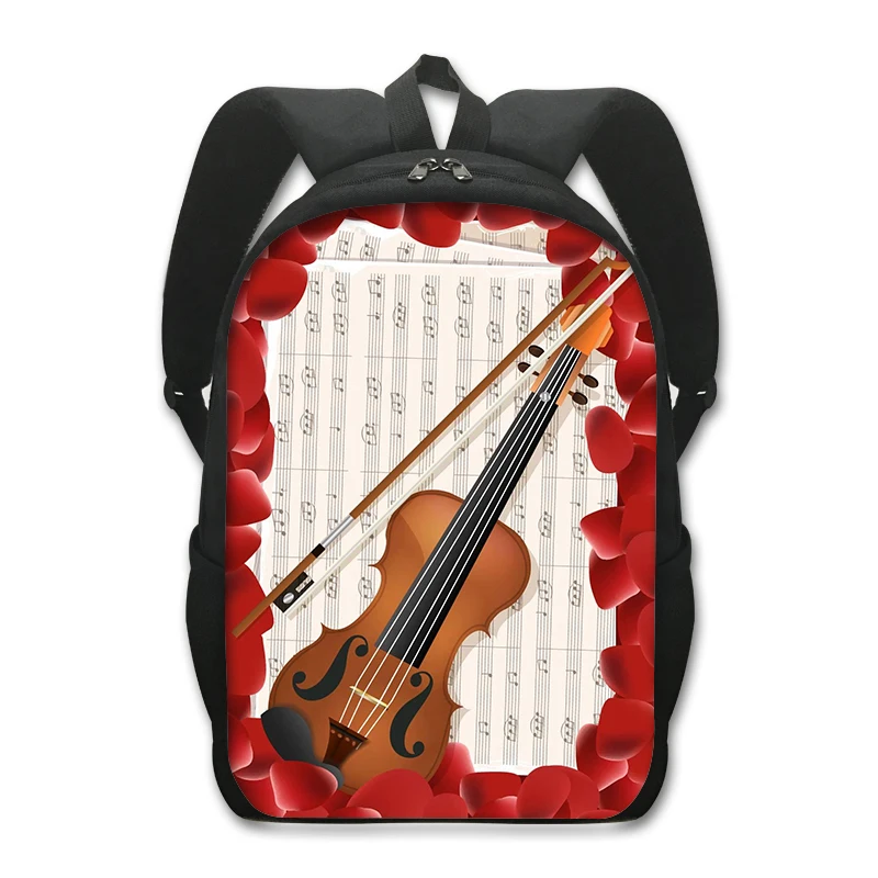 Violin Guitar Backpack Music Theme School Bags Boys Girls Floral Piano Keyboard Print Bookbag for Elementary Students, 16 Inches