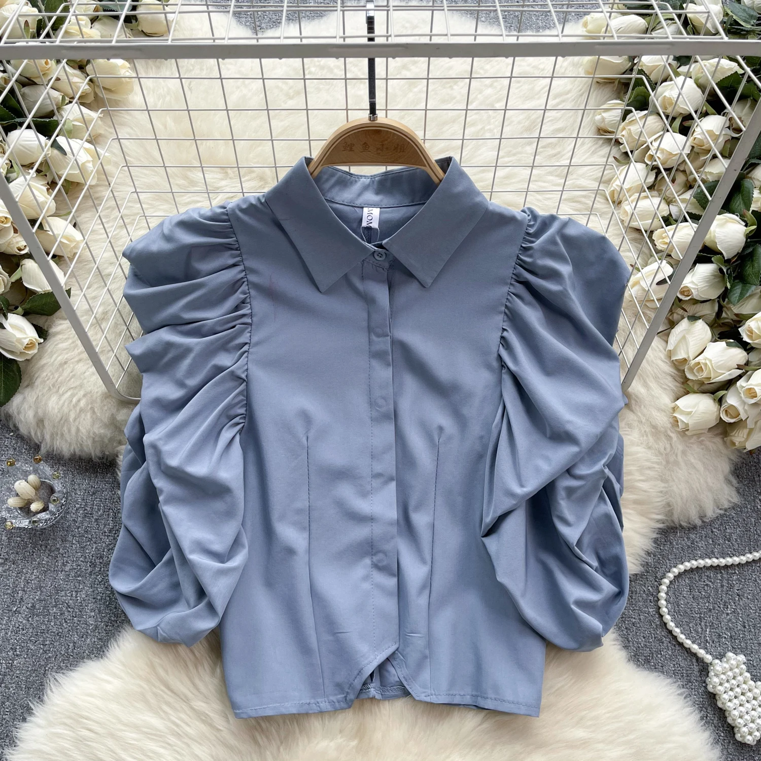 French Vintage Elegant Puff Sleeve fold turn-down collar Blouse Fashion Chic Top Fairy Spring Summer Women Shirt