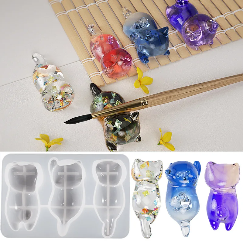 DIY crystal drop glue resin three-dimensional cute cat mold keychain pen holder gypsum pendant silicone mold