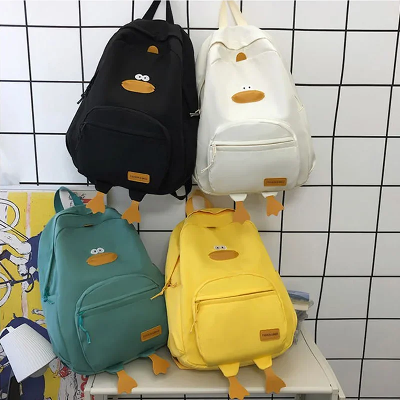 Cute Women Backpack Nylon Cartoon Duck Kawaii Middle School Students Bags for Teenage Girls Solid Color Bookbags Casual Sackpack