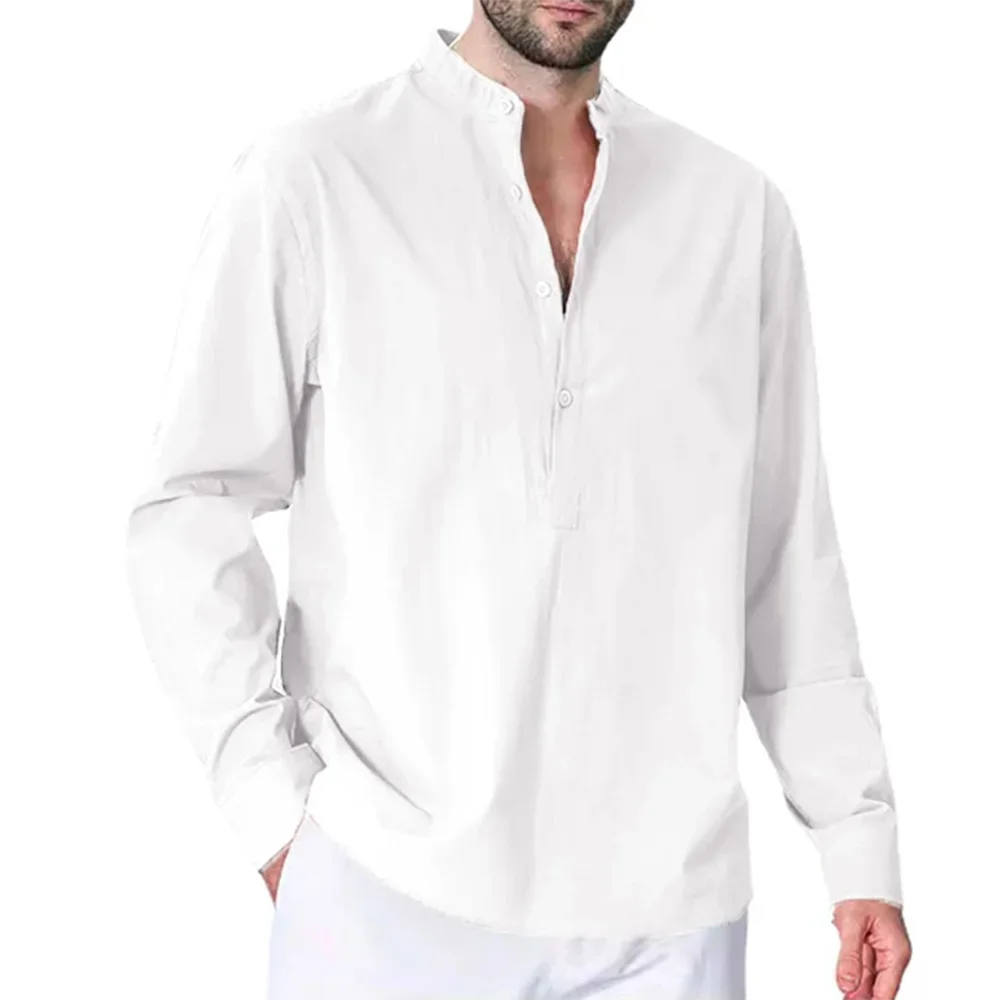 

Поп Новые хлопковые льняные рубашки для мужчин Повседневные рубашки Легкие рубашки с длинным рукавом с воротником-стойкой Однотонные рубашки с длинными рукавами и пуговицами Дизайн Ts