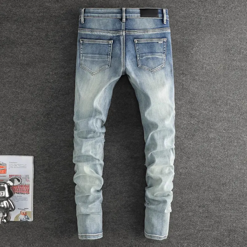 NewY2k Men's Retro Light Blue Jeans with Cashew Flower Patch Slimming Elastic Waist Hip Hop Fashion Designer Brand